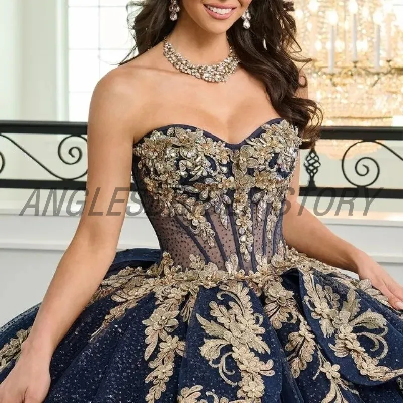 Luxury Navy Blue Quinceanera Dresses Strapless SweetHeart Gold Appliques Beads Crystal Tull Corset Sweet 16 Dress Customized