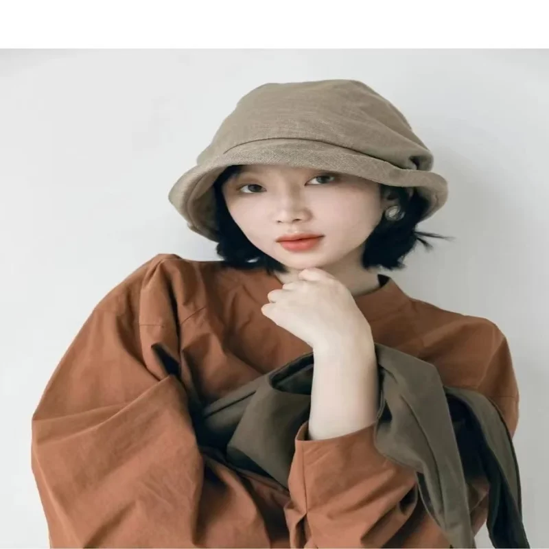 Japanese Cotton Linen Pleated Women Fisherman Hat Small Brim Summer UV Resistant Breathable Linen Basin Hat Wrapped Head Ladies 2