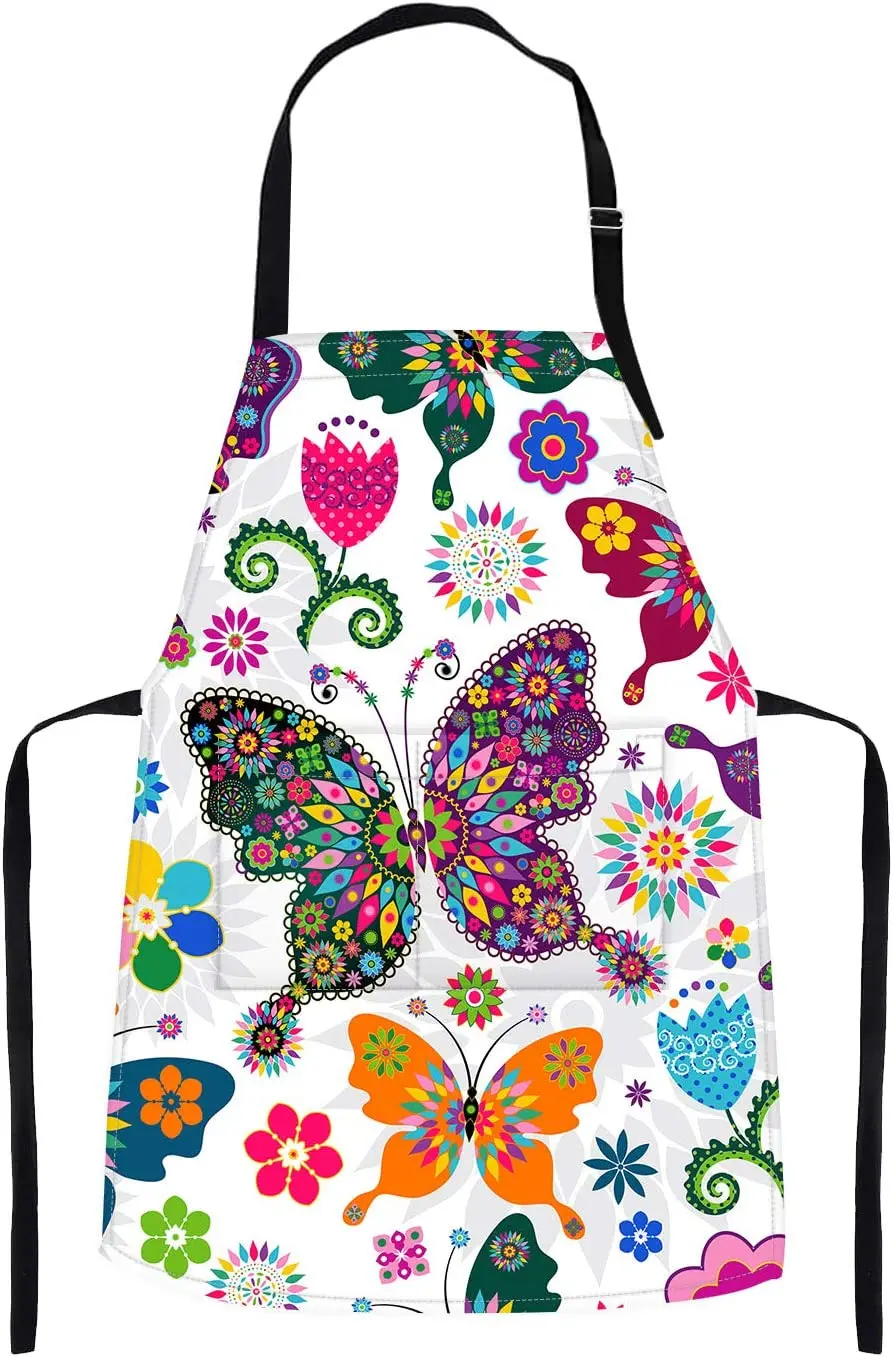 

Britimes Apron Home Kitchen Waterproof Cooking Baking Gardening for Women Men With Pockets Floral Colorful Butterflies Flowers