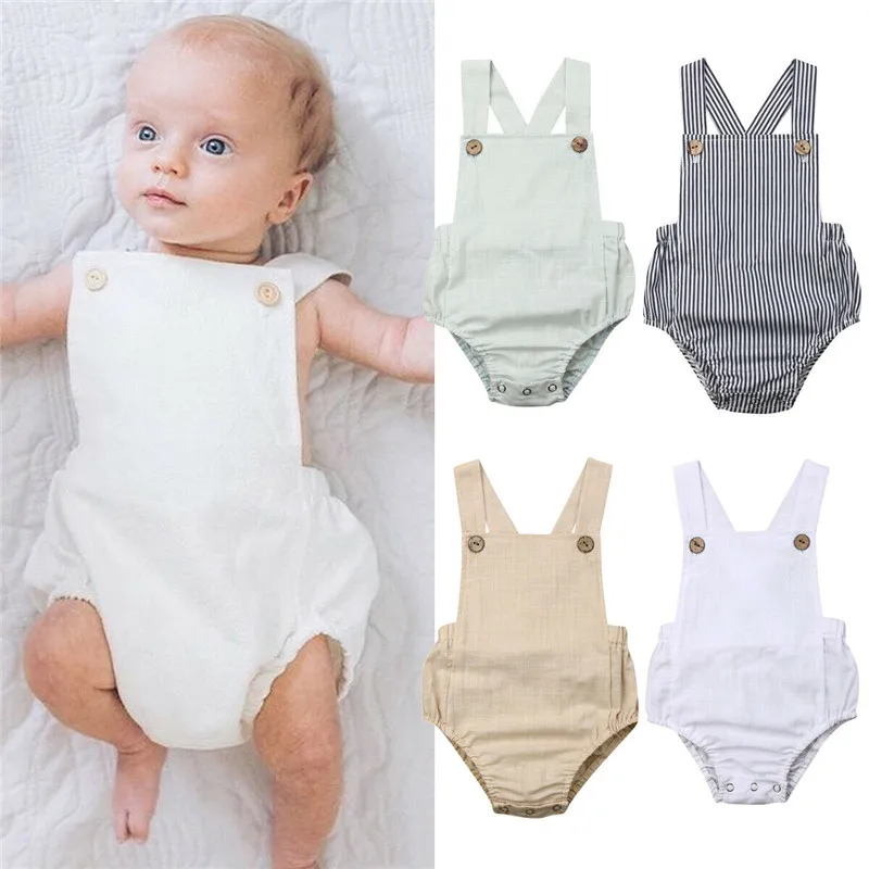 0-36 mesi body neonato estate Ruffles tutina per bambina Solid White Beige Button Backless Infant Boy tuta corta - immagine 2