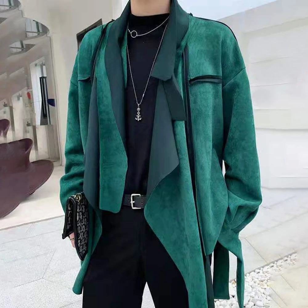 

Mens Autumn Stage Performance Irregular Suede Jacket Genderless Youth Trend Nightclub Hip-Hop Punk Retro Cardigan Cloak Unisex