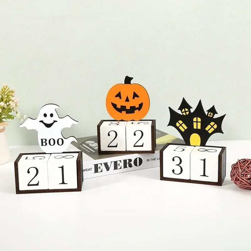 Creative Wooden Halloween Decorations Calendar Desktop Ornaments Countdown Ghost Pumpkin Castle Halloween Decoration Supplies