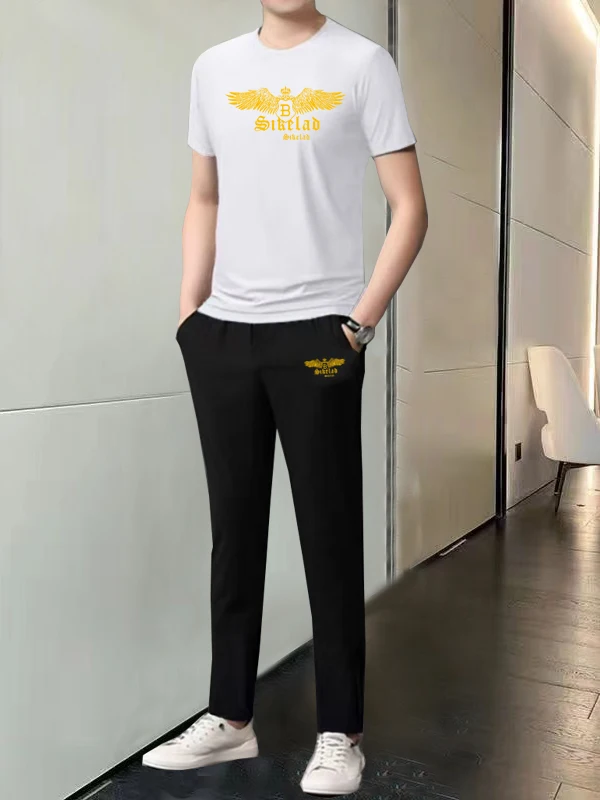 순수 코튼 티셔츠 세트 남성 여름 새로운 수분 흡수 통기성 짧은 소매 반바지 세련된 운동복 캐주얼 슈트
