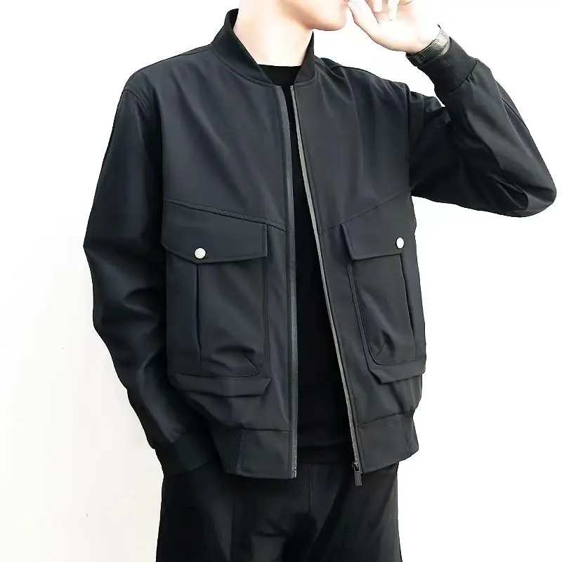 

2023 Spring Autumn Men's New Loose Casual Jackets Male Baseball Uniform Bomber Coats Men Solid Color Pockets Overcoats P591