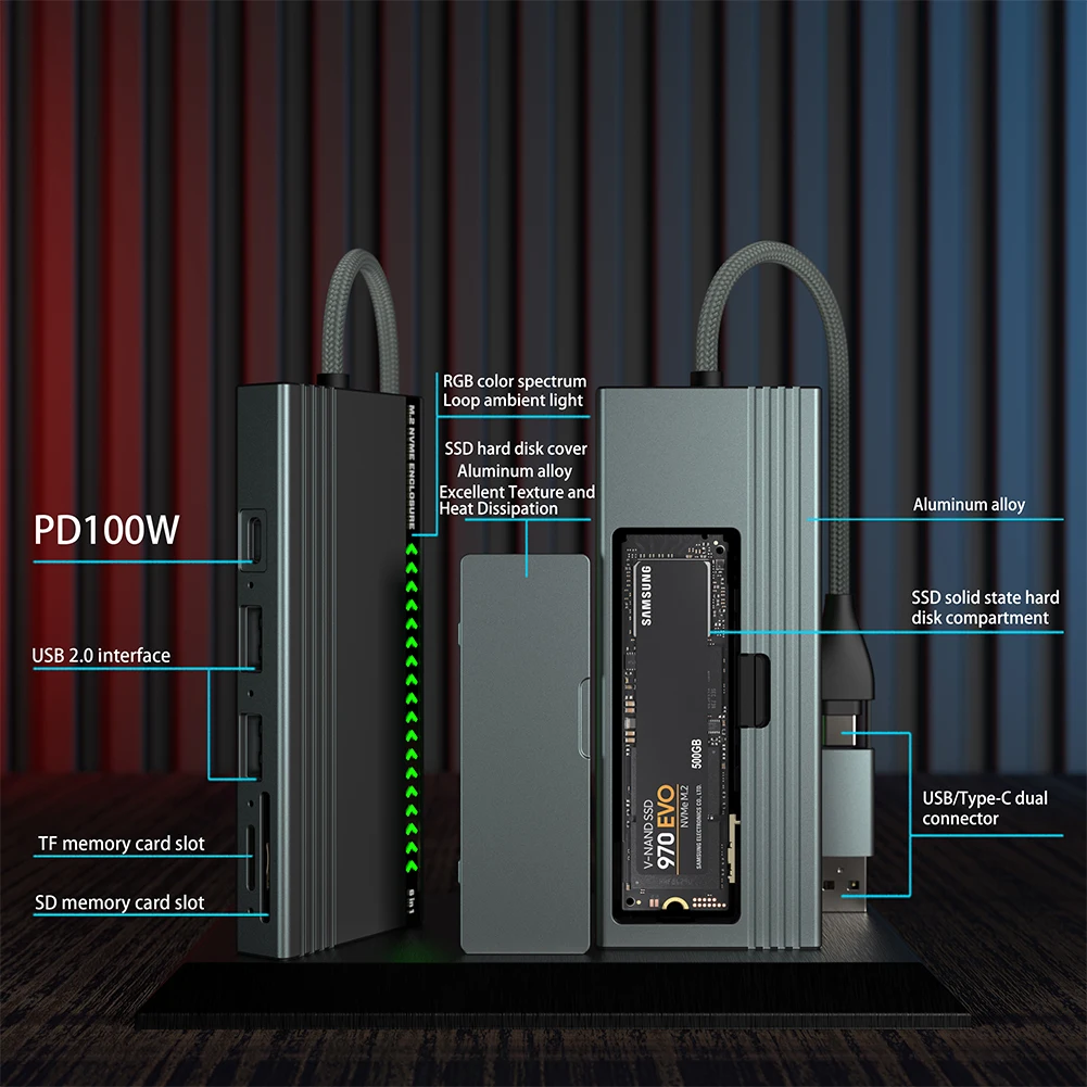 노트북용 M.2 NVMe SATA 하드 드라이브 케이스, C타입 독, 10Gbps 솔리드 스테이트 드라이브, PD100W, 2 USB 2.0 포트, SD/TF 카드 슬롯