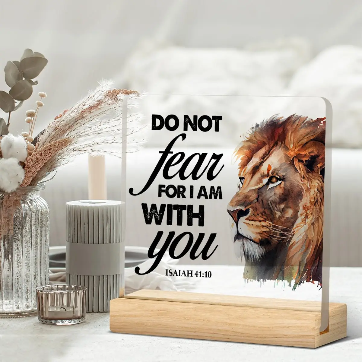 Christian Gifts Desk Decorative Sign Isaiah Religious Lion Acrylic Plaque Sign With Wooden Stand Home Desk Decor Christmas Gift
