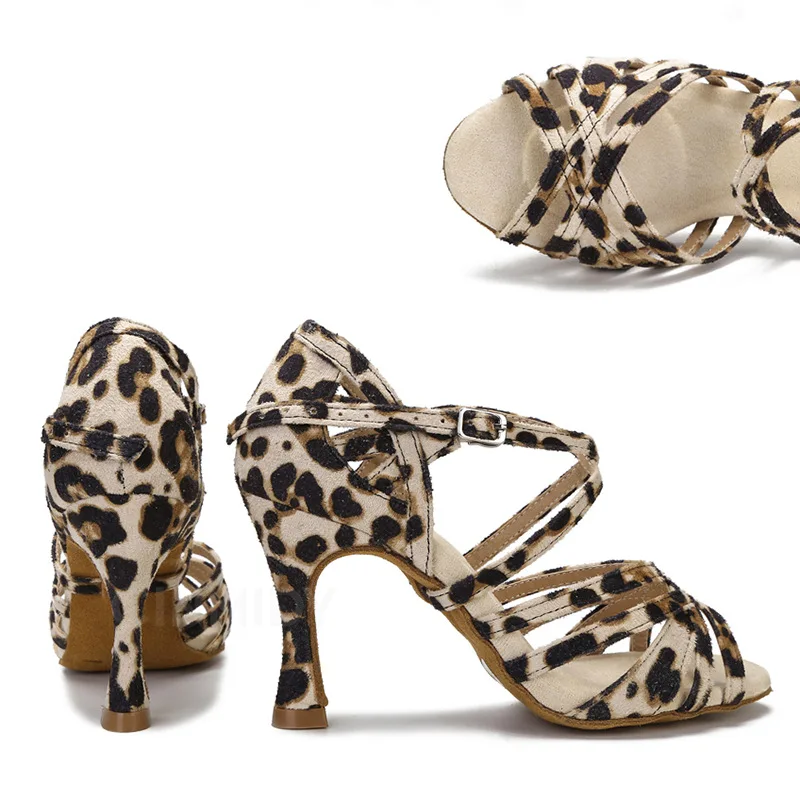 Cross border hot selling leopard print Latin dance shoes for women and adults, slim high heels dance shoes