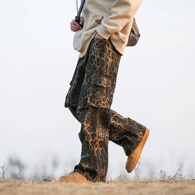 Deeptown Y2k Vintage Oversize Leopard Cargo Jean Woman Spring Street Hippie Wide Leg Pants Harajuku Fashion Casual Trousers Kpop