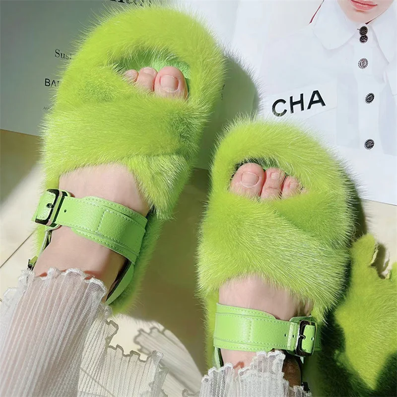 High Quality Furry Fur Sandals, Winter Women's Casual Warmth Mink Fur Slippers, Straight Lace Up, Home Lazy Sandals