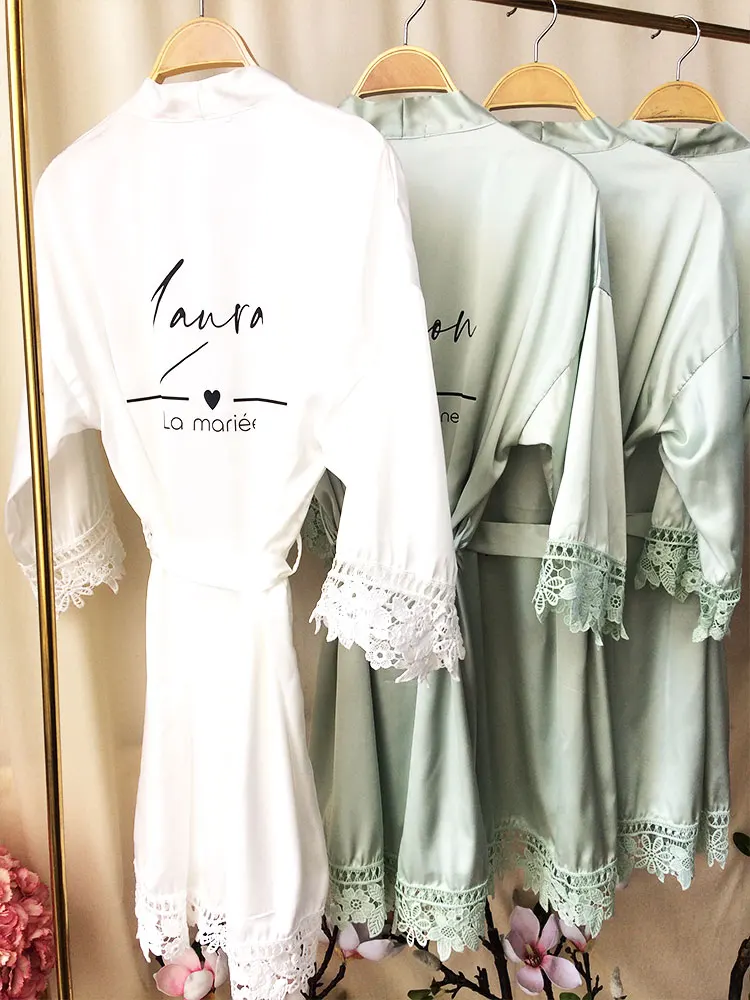 La Mariée White Kimono with Name Gowns for Bride Demoiselle D’Honneur Green Sage Kimono Custom Satin Robe Lace Robes for Wedding