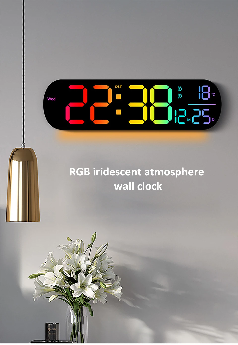 Description Picture 2 of itemLED Luminous Digital Wall Clock With Remote Control Ambient Lights 14'' Creative RGB Alarm Clock  Date Temp Display  Home Decor