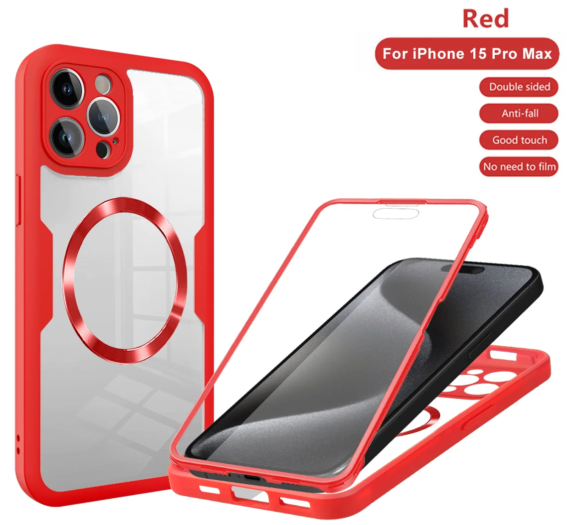 Custodia per telefono magnetica a protezione completa a doppia faccia 360 per iPhone 15 14 12 13 11 Pro Max 16 Plus con protezione per lo schermo Cover trasparente