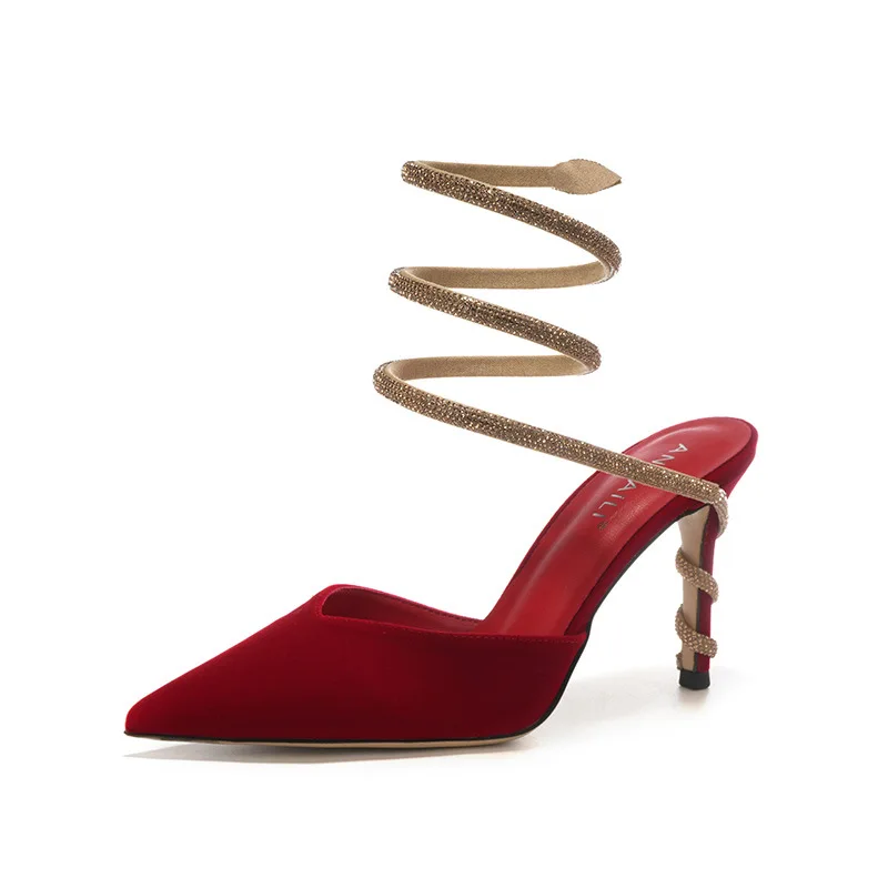 

Spring/Summer New Pointed Water Diamond with Velvet Silk Face Single Shoes Thin High Heel Dress Large and Small Women's Sandals