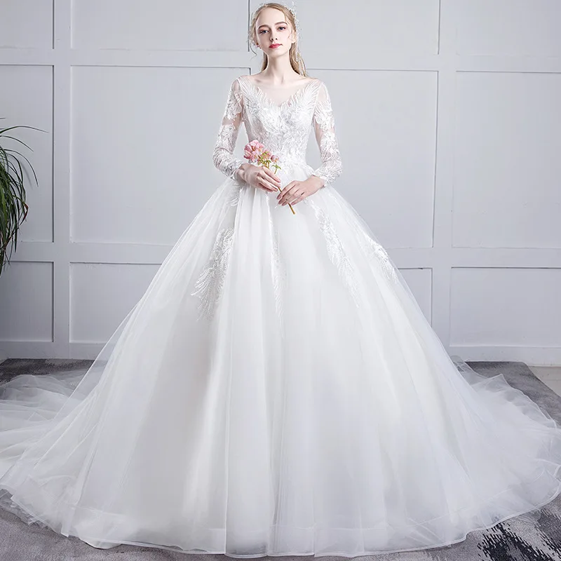 

2024 New Simple Wedding Dress Long Sleeved Dreamy Slimming Lace Appliques Sweep Train Bridal Dress Customize Vestido De Noiva