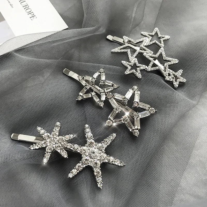 Korean New Metal Zircon Silver Star Hair Clips Girl Summer Sweet Cool Charm  Y2k Bobby Pin Headdress Hair Accessories for Women 2023 korean trendy heart tassel beads star hairpin y2k sweet cool pentagram snap clips headdress charm hair accessories for girl