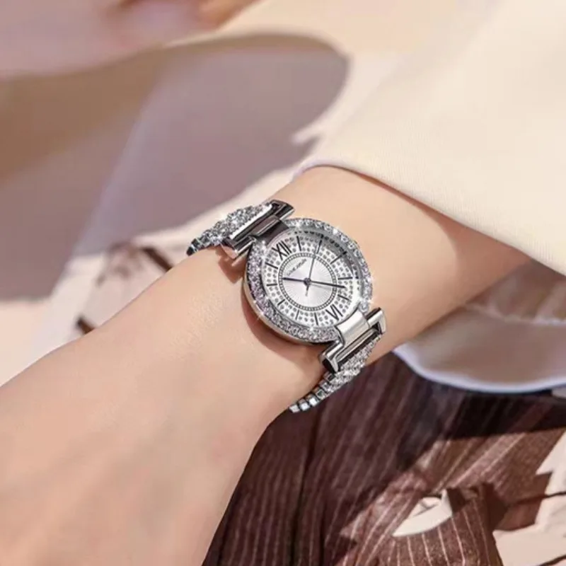 Luxury Women Watch Sky Star Set with Diamond Shells Blue Dots Printed on White Face Diamond-set Steel Strip Women Quartz Watch