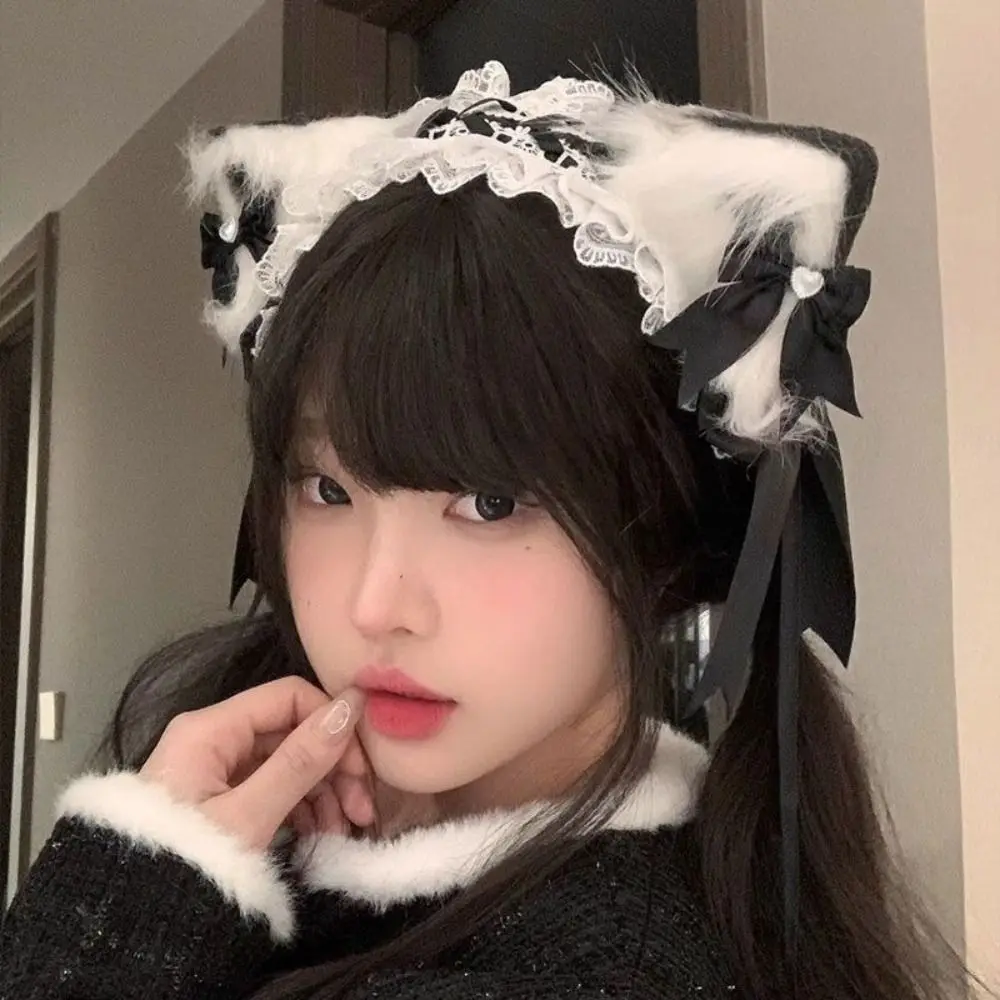New Lolita Cat Ears Headband Lace Bow Headwear Cosplay Head Wrap Hair Accessories