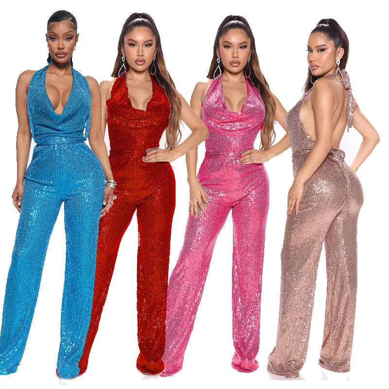Sexy Glitter Sequin Jumpsuit Women Elegance Half Backless Nightclub Party Jumpsuits One Piece Overalls Birthday Outfits Catsuit