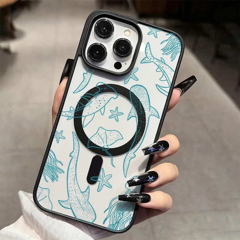 Magnetic Phone Case with Blue Line Sea Creature Pattern