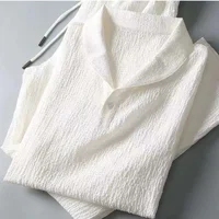 Summer Fashion Folded Two-Piece Set Men's Cotton Linen Short Sleeve T-Shirt Mint Collar White Casual Sports Suit