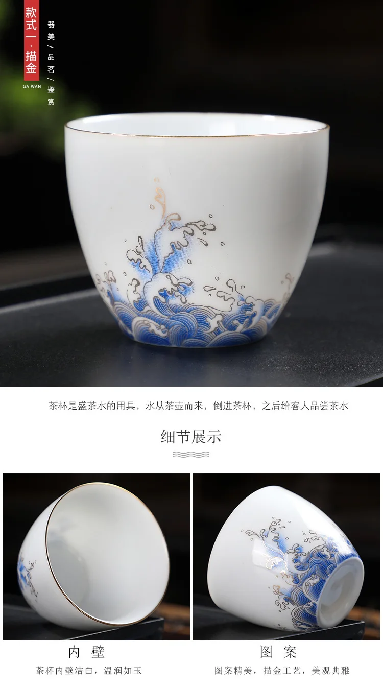Description Picture 5 of itemHigh White Porcelain Gilded Green Tea Cup Tea Set Tea Cup Ceramic Tea Bowl Host Single Cup Tea Tasting Cup