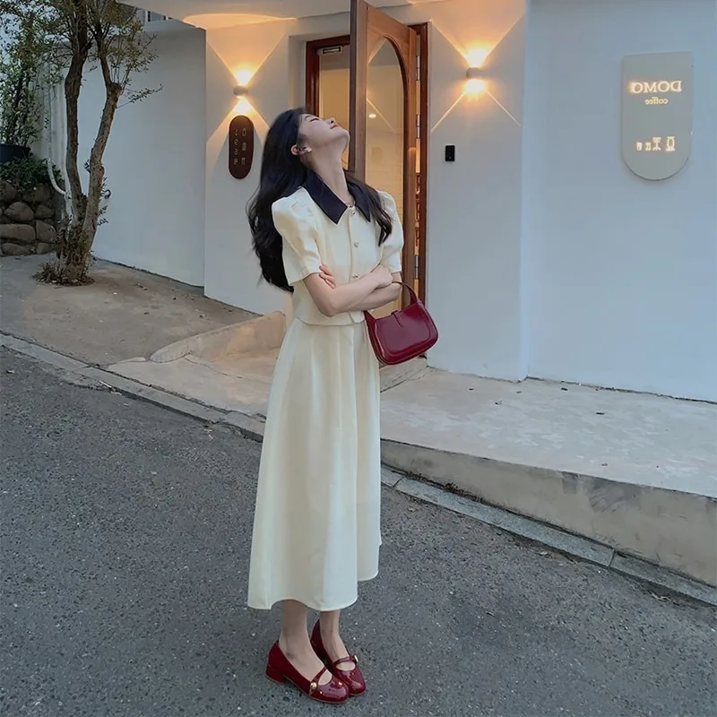 

UNXX Summer French Elegant Lady Fashion Two Pieces Dress Suits Beige Pink Short Sleeve Coat + High-waist A Line Skirt 2pc Sets