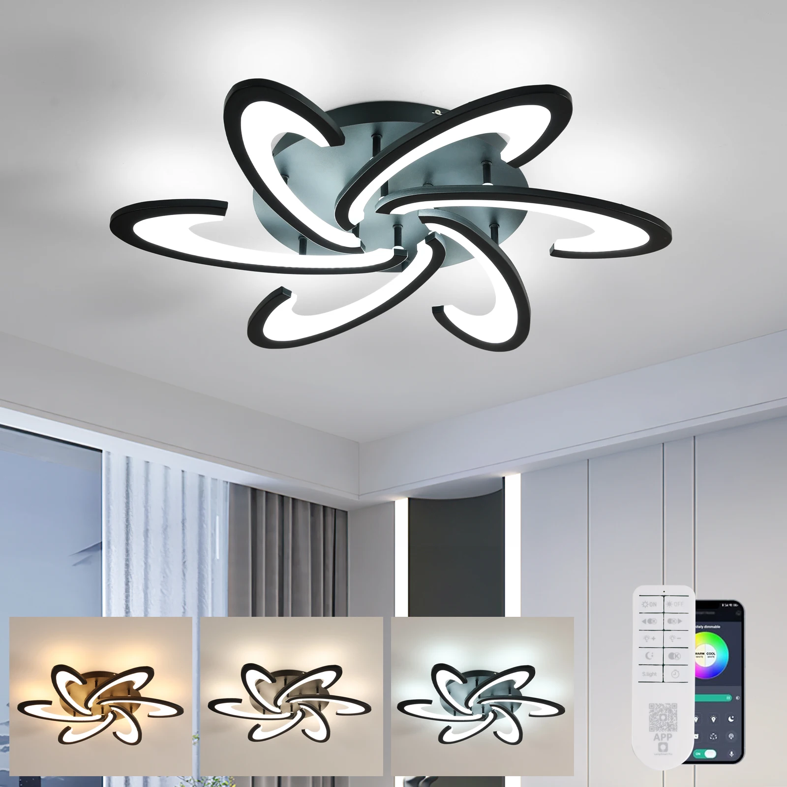 Modern Dimmable LED Ceiling Light, Black 6 Heads Curved Acrylic Ceiling Fitting with Romote Controller 3000K-6500K for Living Room, Bedroom, Dining Room