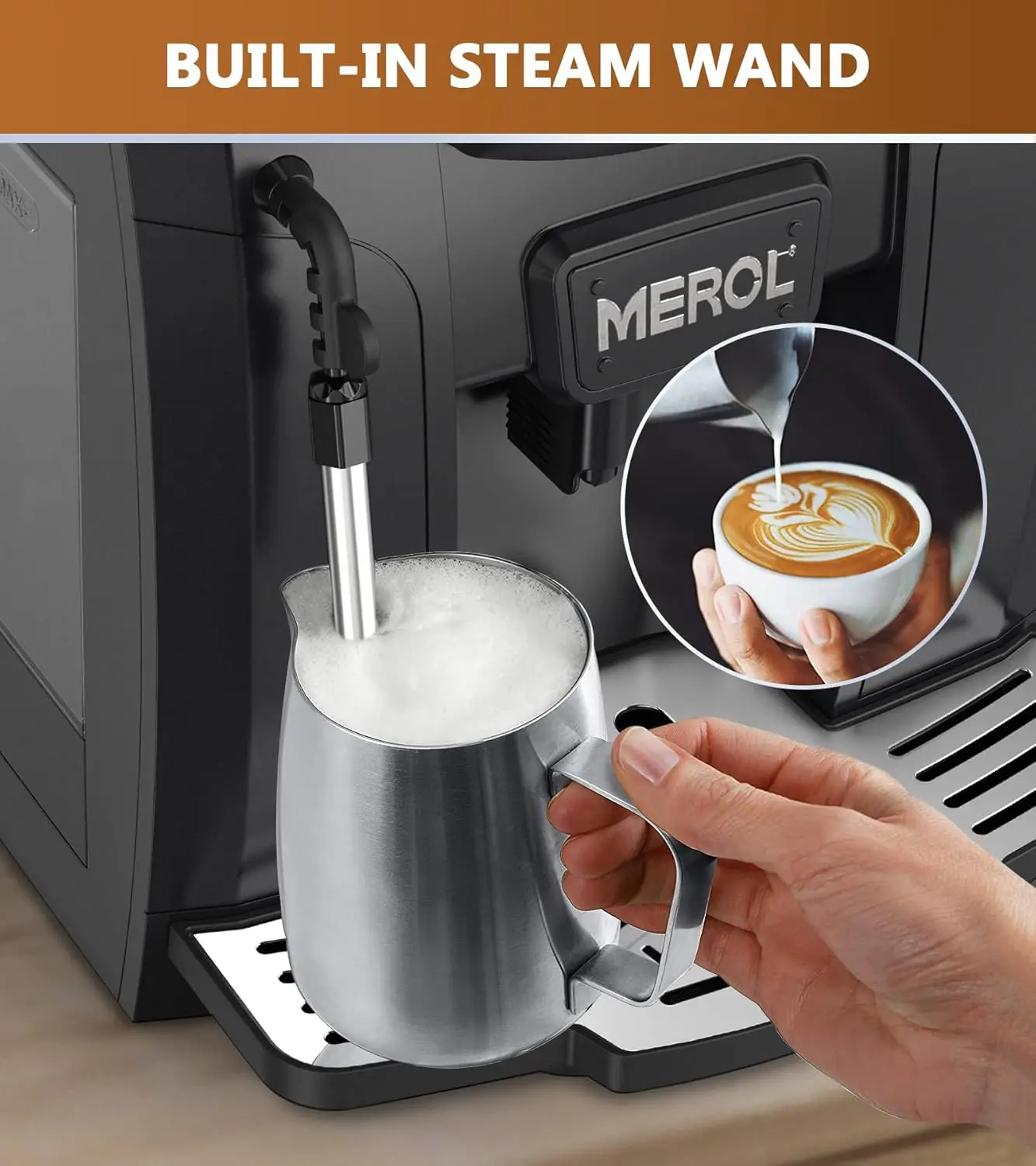 Fully Automatic Espresso Coffee Machine, 19 Bar Cafe Maker Built-in Adjustable Grinder and Manual Milk Frother ME-715, Black 6