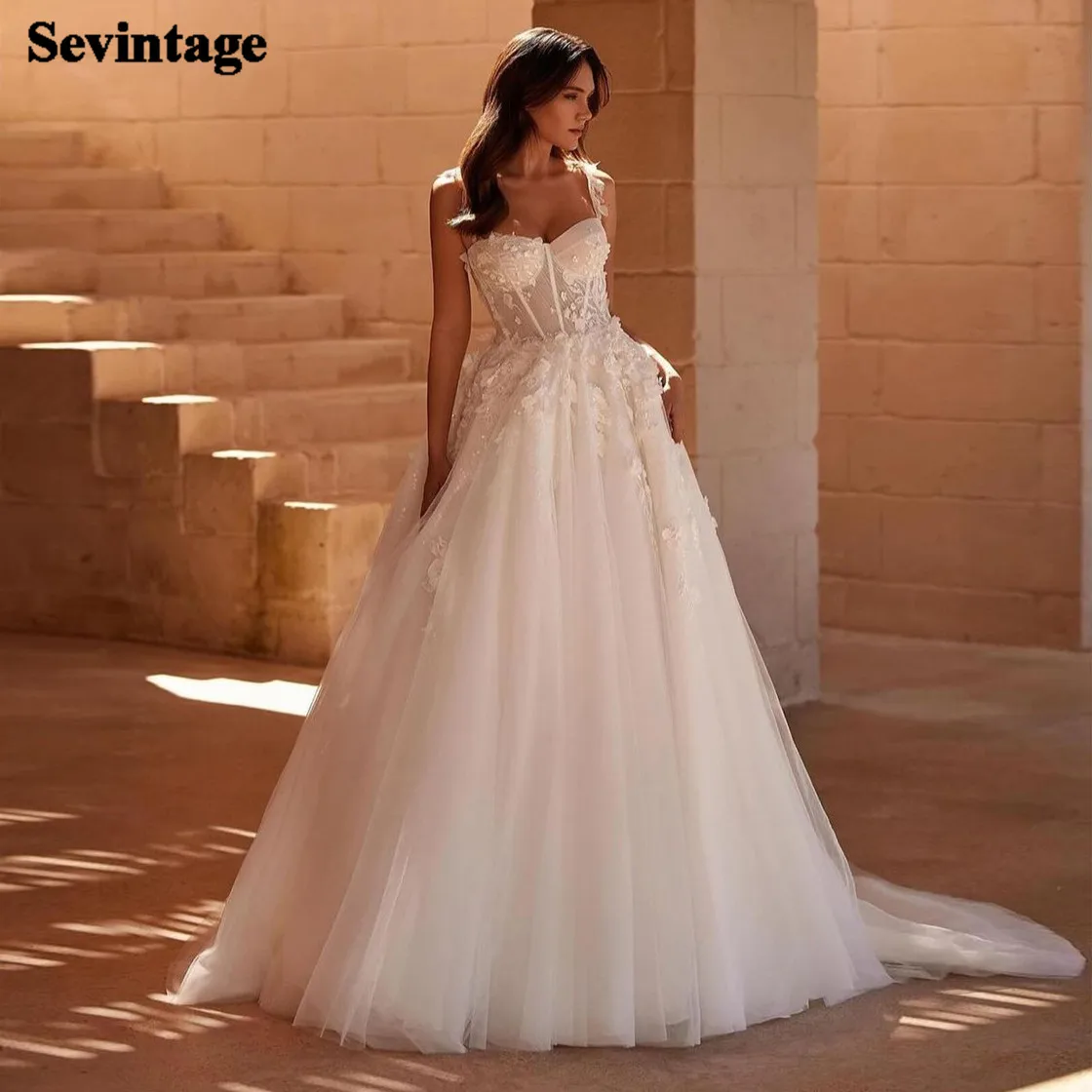 

Sevintage Princess A-Line Ivory Wedding Dress For Women Spaghetti Strap Lace Aplliques Back Bride White Bridal Gown Vestido 2024