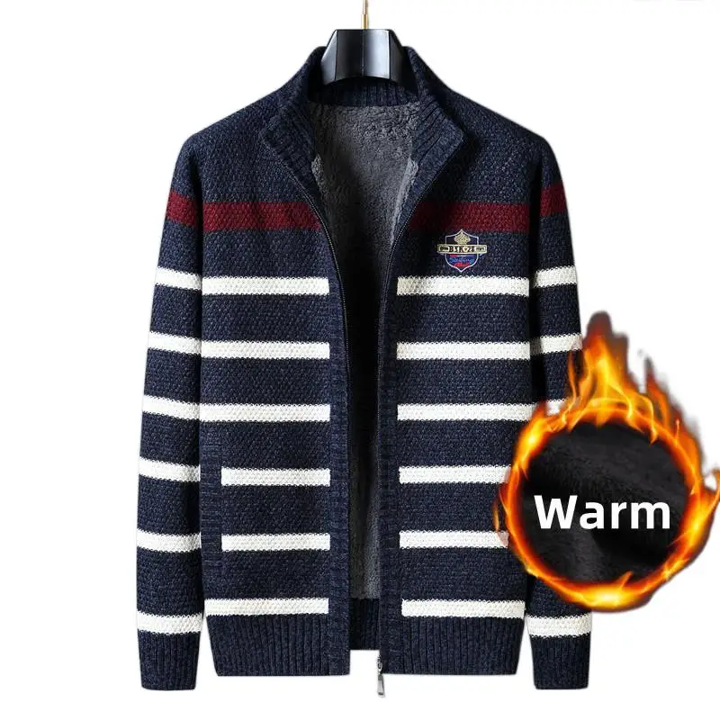 Fleece Warm Winter Sweater  Cardigan Man Wool Liner Knit Striped Stand Collar Jacket  Knitted Sweater Men Vintage Clothing