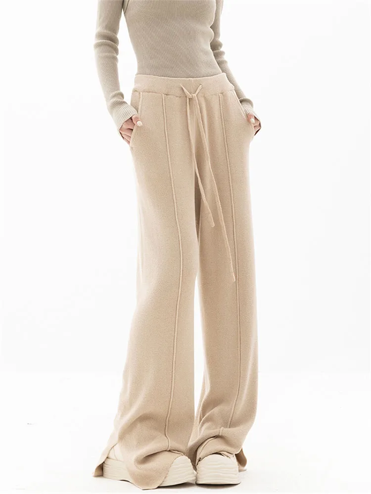 

Draped Wide Leg Pants Women Khaki Trousers Spring Summer High Waist Split Loose Straight Pants Female Casual Fashion All-match