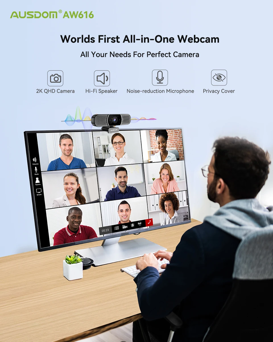 capalook ausdom qhd hdr webcam com microfone de ia capa de privacidade usb câmera de computador para conferência