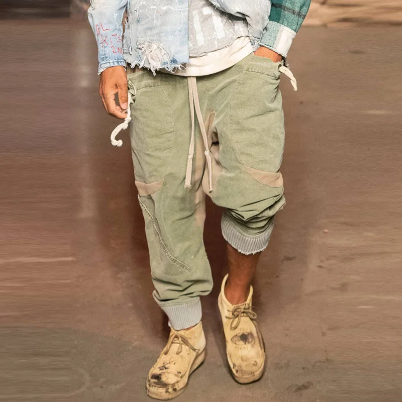 

Vintage Splicing Drawstring Sweatpants 2023 Autumn Mens Casual Trousers Loose Tie-up Waist Patchwork Pants Casual Men Streetwear