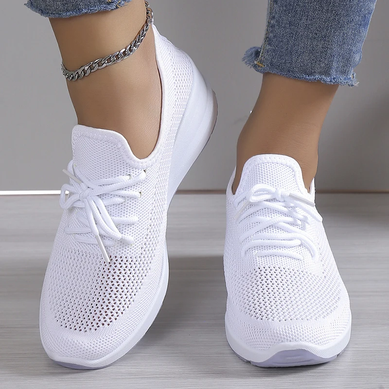 2024 Spring Breathable Wedge Sneakers Women Mesh Knitted Platform Sports Shoes Woman Casual Non-Slip Lace Up Tennis Shoes Ladies