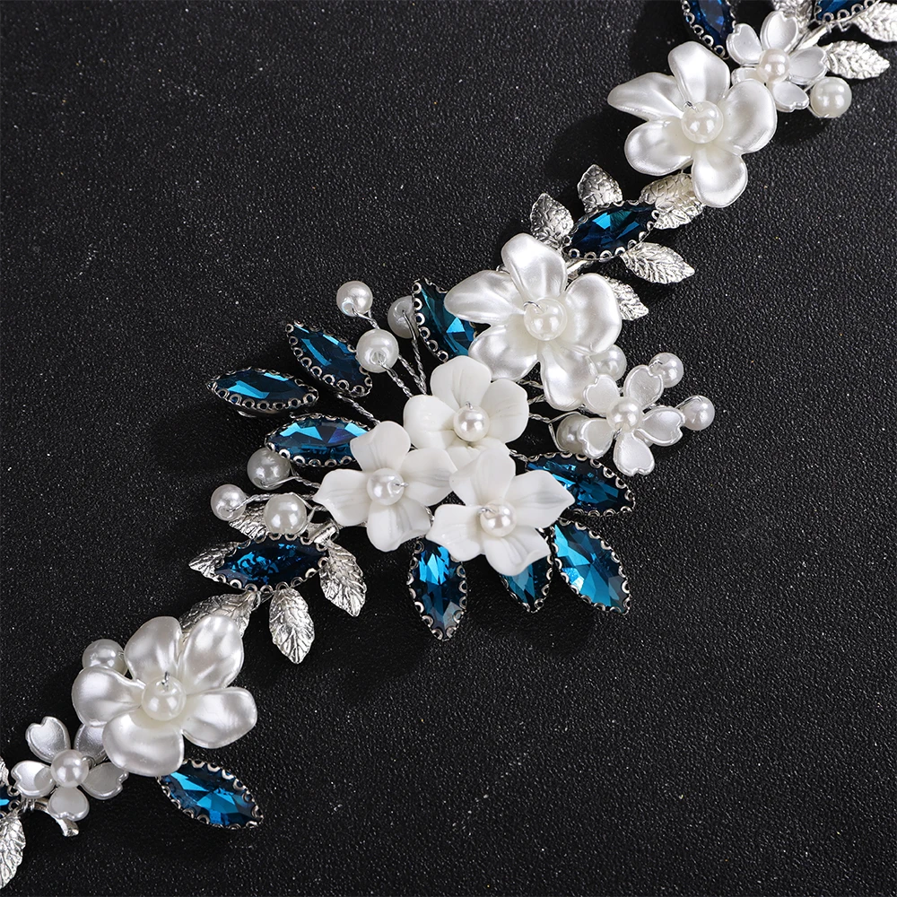Wedding Resin Flower Green Headband Rhinestone Pearl Bridal Silver Bride Hair Accessories Blue Party Leaf Headband for Women
