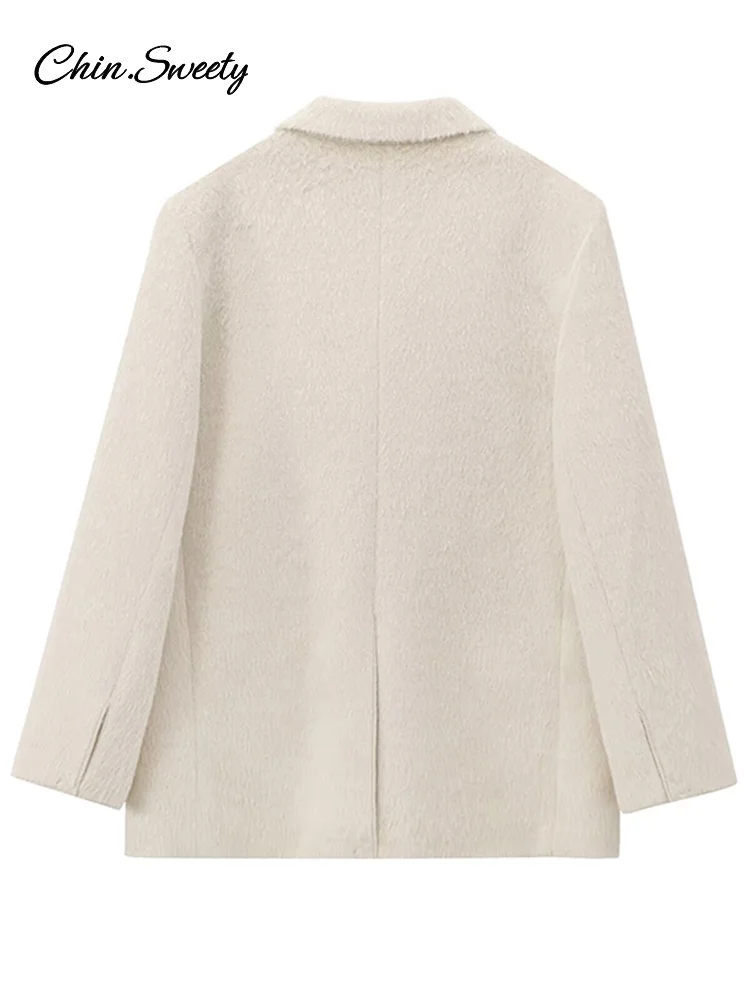 White Mohair Blazer Coat Women Loose Lapel Single-breasted Long Sleeve Thick Warm Jackets 2025 New Office Lady Street Outerwear