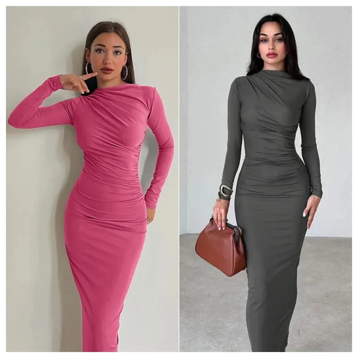 

Women Fashion Solid Ruched Bodycon Casual Long Dress O-Neck Full Sleeve Slim Bodycon Maxi Party Dresses Streetwear Robes