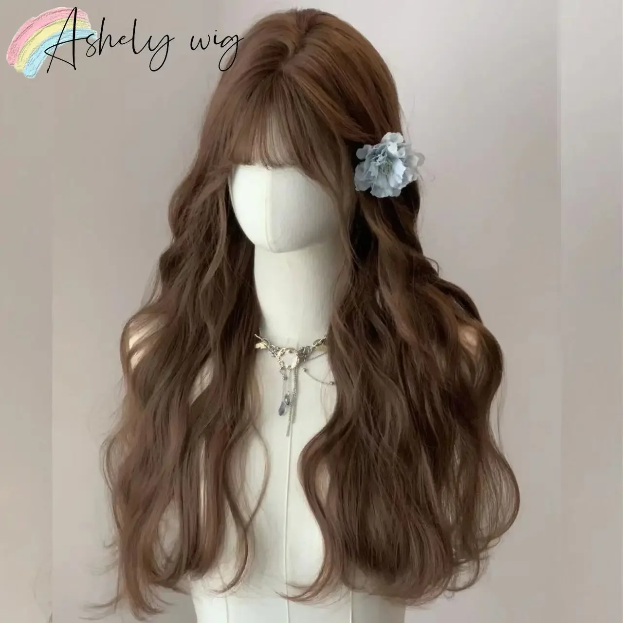 Brown Wig with Bangs Long Curly Wavy Natural Hair for Women 24inch Heat-resistant Fiber Synthetic Wigs Cute Lolita Wig Peruca