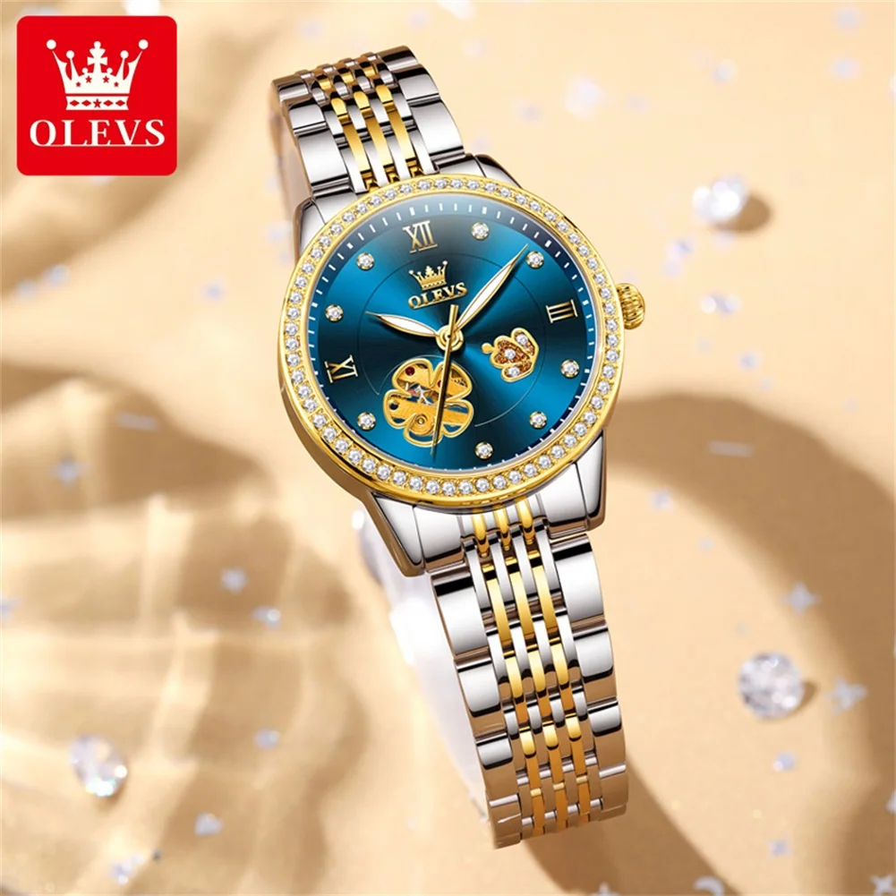 OLEVS Luxury Automatic Mechanical Watch for Women Stainless Steel Diamond Lap Hollow Out Flower Design Elegant Ladies Wristwatch