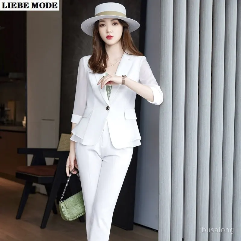 

Women's Pants Suit Blue White Black Half Sleeve Blazer Trouser Formal Office Lady Female Business Work Wear 2 Piece Set Pantsuit
