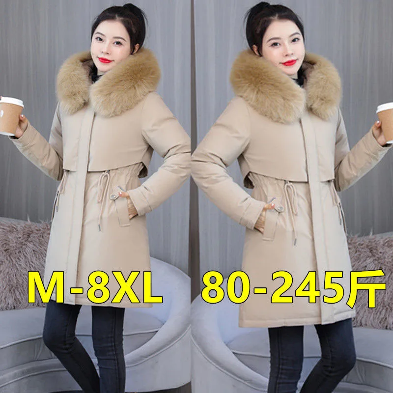 

New Women Tooling Down Cotton Coat Winter Warm Parka Overcoat Hooded Fur Collar Quilted Jacket Female Casual Cotton Clothing 8XL