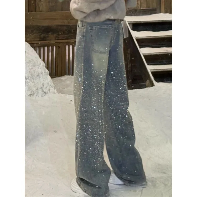 Jeans rétro de style américain de haute qualité, taille plus, entièrement ornés de strass, pour femmes, pantalon long tendance avec un design original