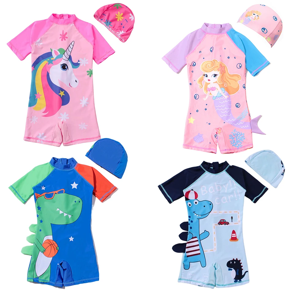 Kids Swimsuits New Mermaid Unicorn Children Swimsuit Baby Girl Boy One Piece Printing Infant Dinosaur Cartoon Quick Drying Hot Spring Swimwear