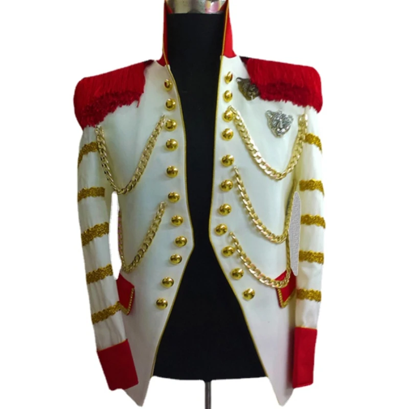 

White Red Stitching Jackets Men Spring Vintage Chains Tassel Stand Collar Jackets Social Party Tuxedo Wedding Coat Costume Homme