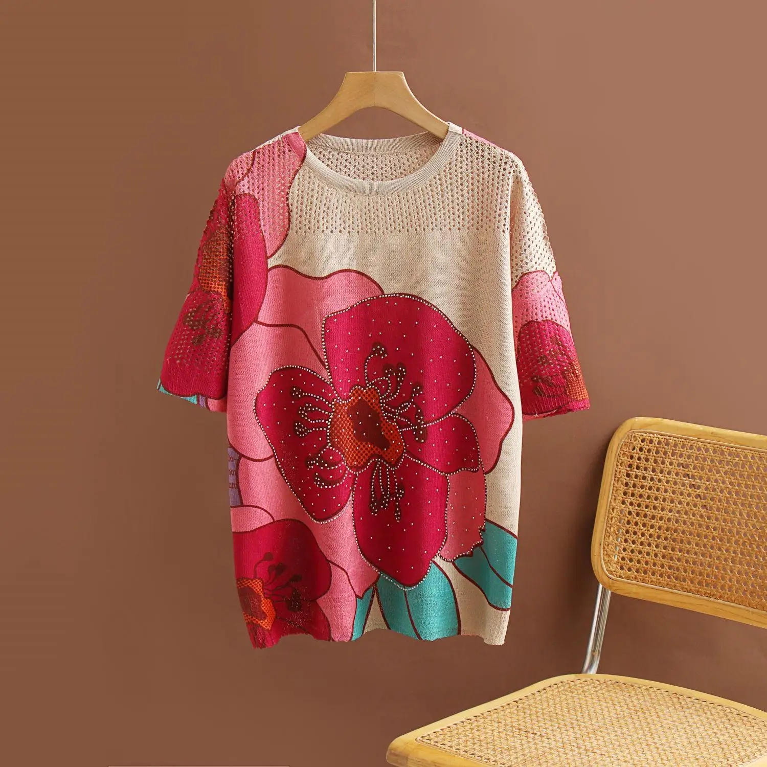 

Dimanaf 2024 Summer Women T-Shirts Summer Style Shirts Rhinestone Print Cartoon Elegant Lady Tops Tees Loose Casual 749