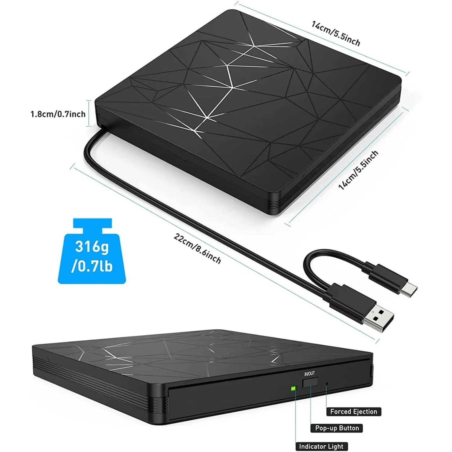 DVD Drive External Portable USB 3.0/Type-C CD Burner Mute Design +/-RW Optical Reader for Laptop Desktop