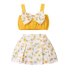 Summer Girls Clothes Suits Baby Toddler Clothing Bow Sling Top +Print Skirt For Kids Infant Sets 1-6Y Sweet Child Girls Outfits