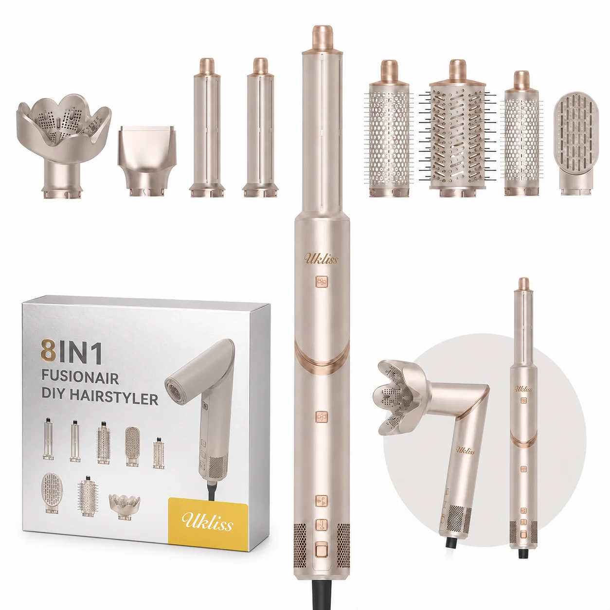 Brosse sèche-cheveux 8 en 1, sèche-cheveux sans balais à grande vitesse, ionique négatif, brosse chauffante, peigne de coiffure à Air chaud, boucles de cheveux automatiques 1