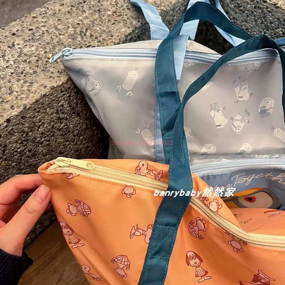 Anime Snoopy Minions Stationery Storage Bag Large Capacity Collapsible Camping Shoulder Shopping Bag Light Clothing Packaging