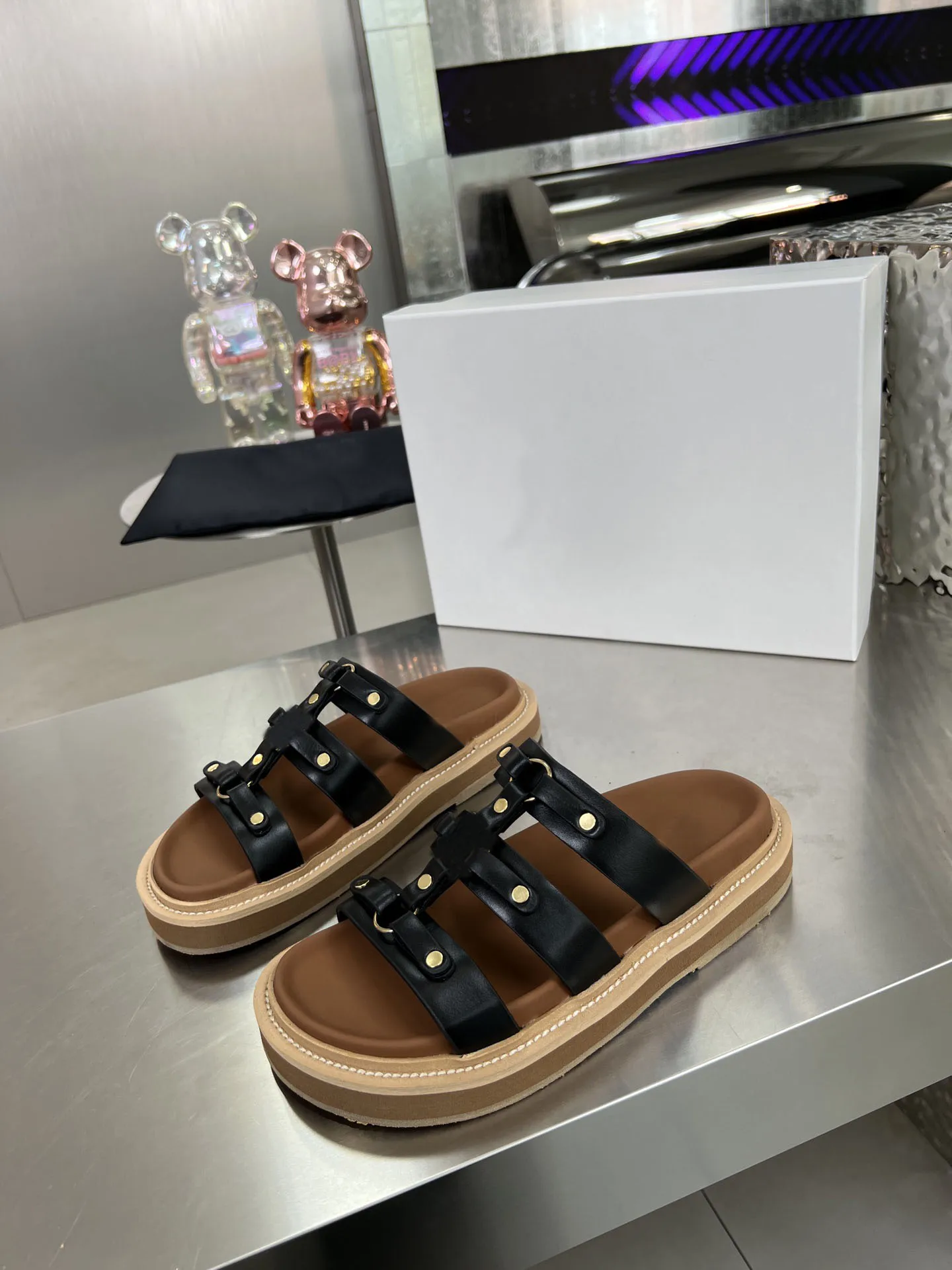 Leather Colorblock Pattern Sandals Tippi Slides Calfskin